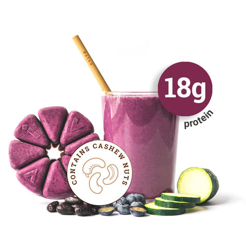 Evive smoothie cubes Blueberry Haskap extra protein flavour with ingredients fruits vegetables and smoothie wheel