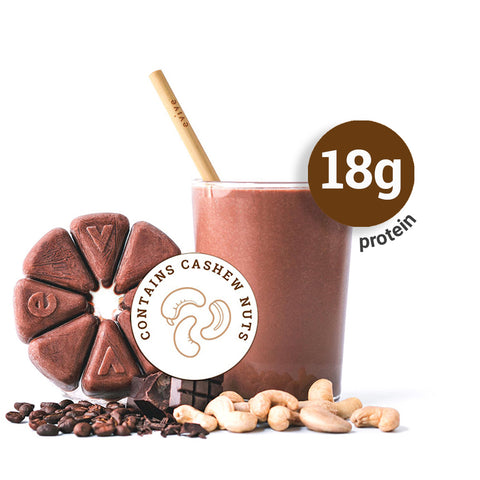 Evive smoothie cubes Cashew Mocha extra protein flavour with ingredients fruits vegetables and smoothie wheel